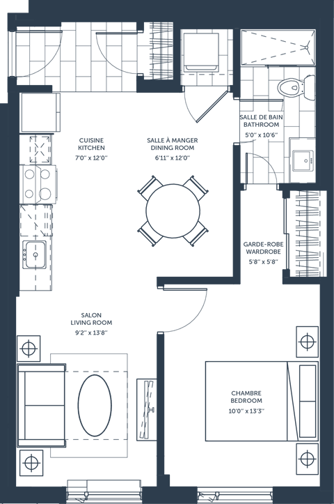 Floor plan for 1 bed, 1 bath, 671 sqft